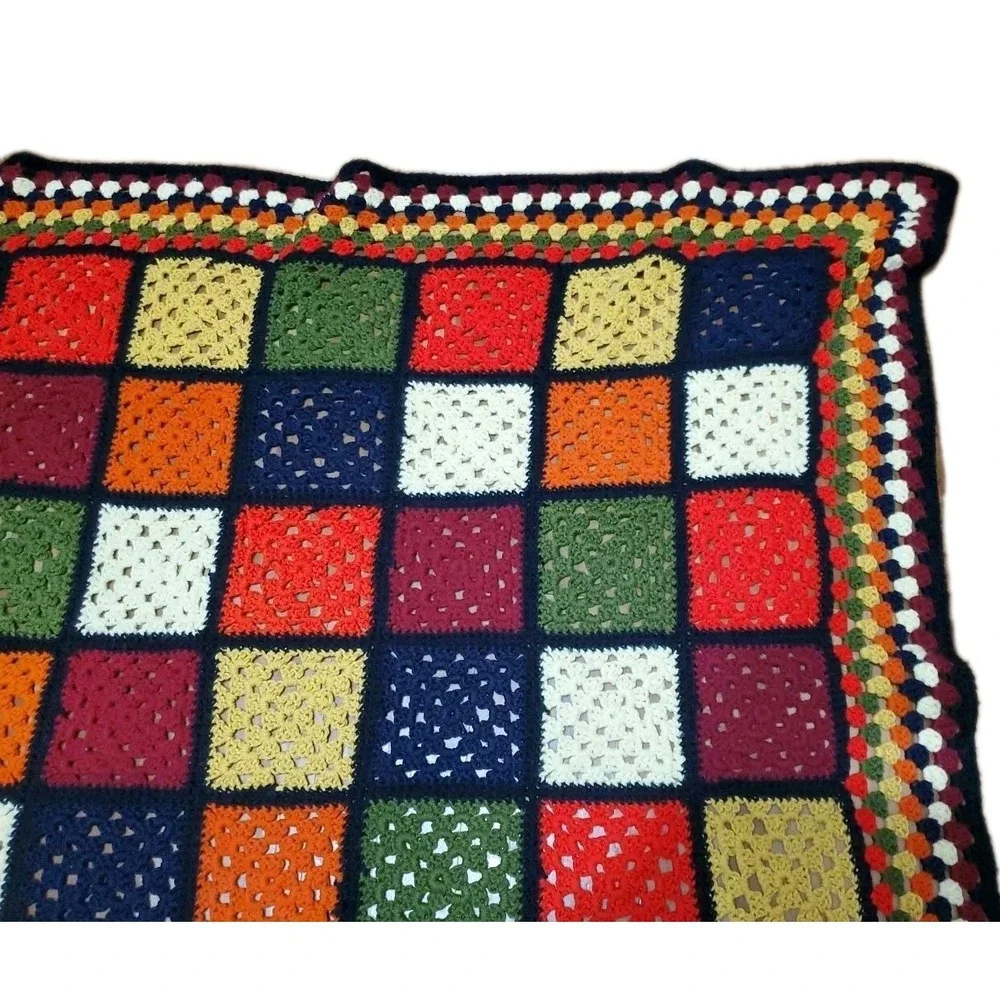 Vintage Granny Square Handmade Crocheted Afghan Blanket Black Orange Green 58x45